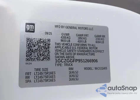 2025 Chevrolet Express Cargo Rwd 3500 Regular Wheelbase Wt z USA, uszkodzony, nr VIN 1GCZGGFP9S1266906